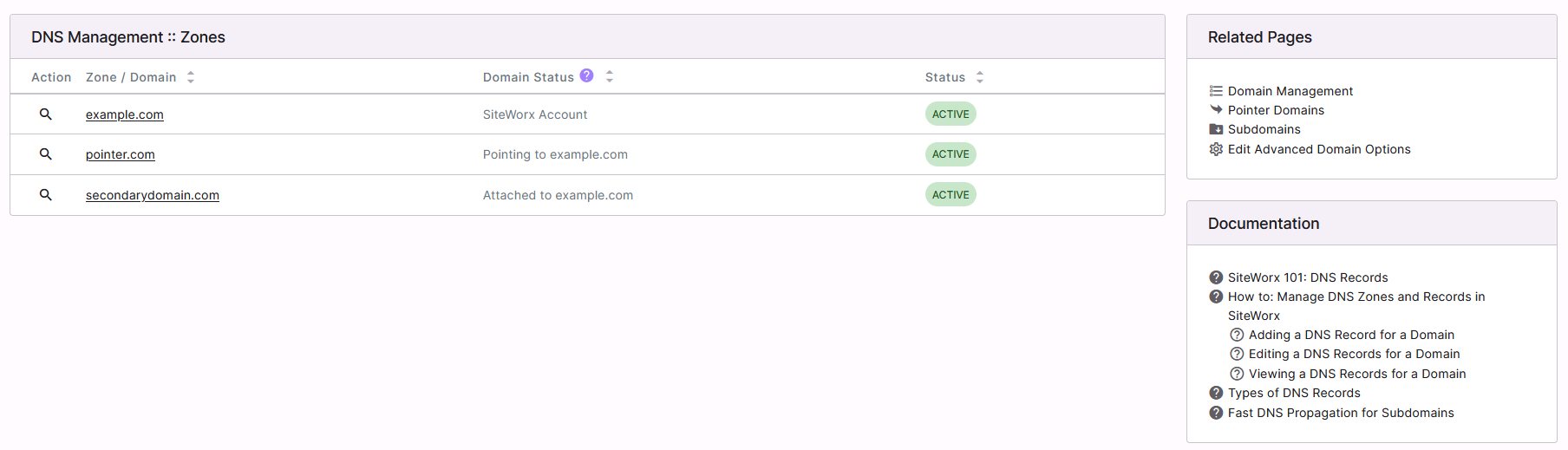 siteworx dns zones