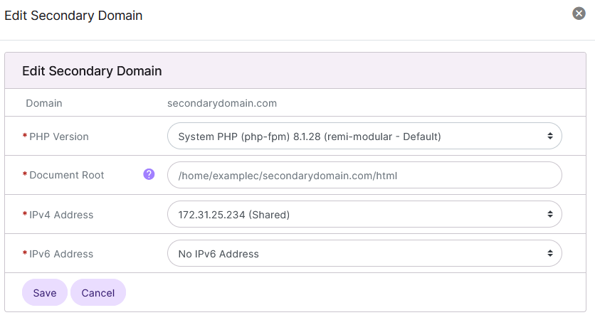 siteworx edit secondary domain form