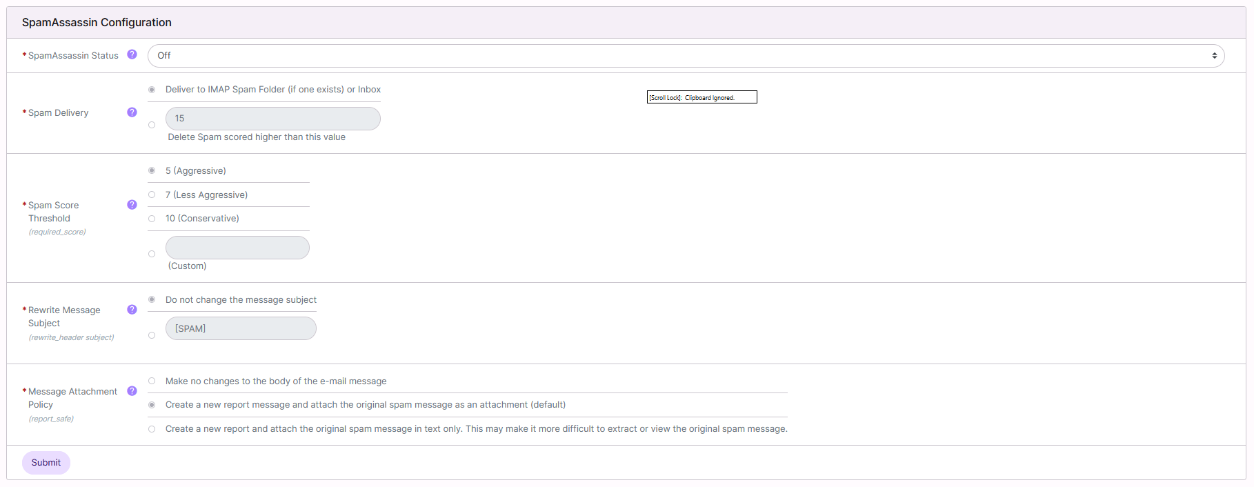 spam settings page