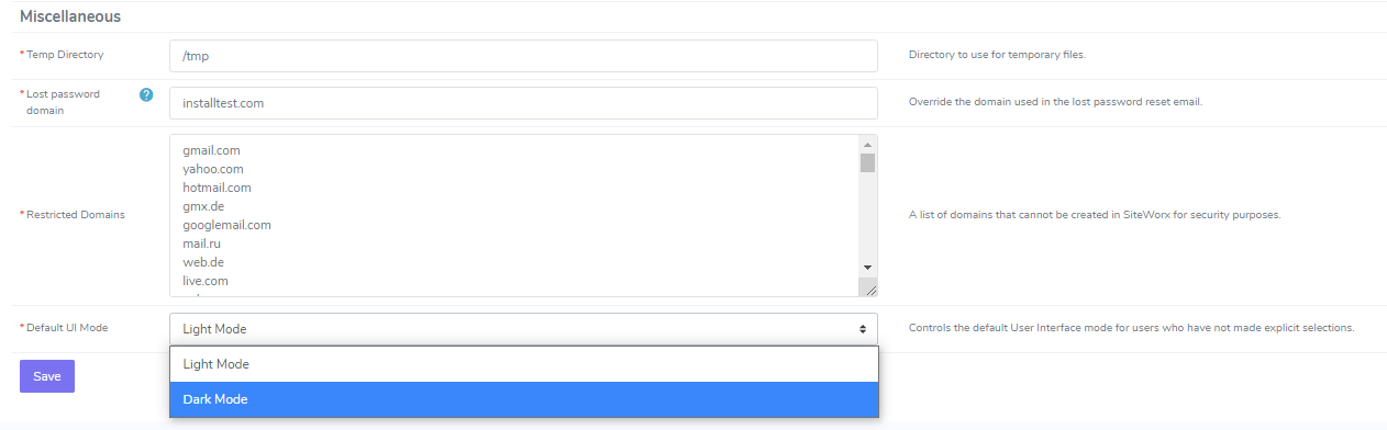 dark mode settings dropdown