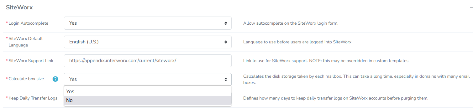 calculate box size setting dropdown