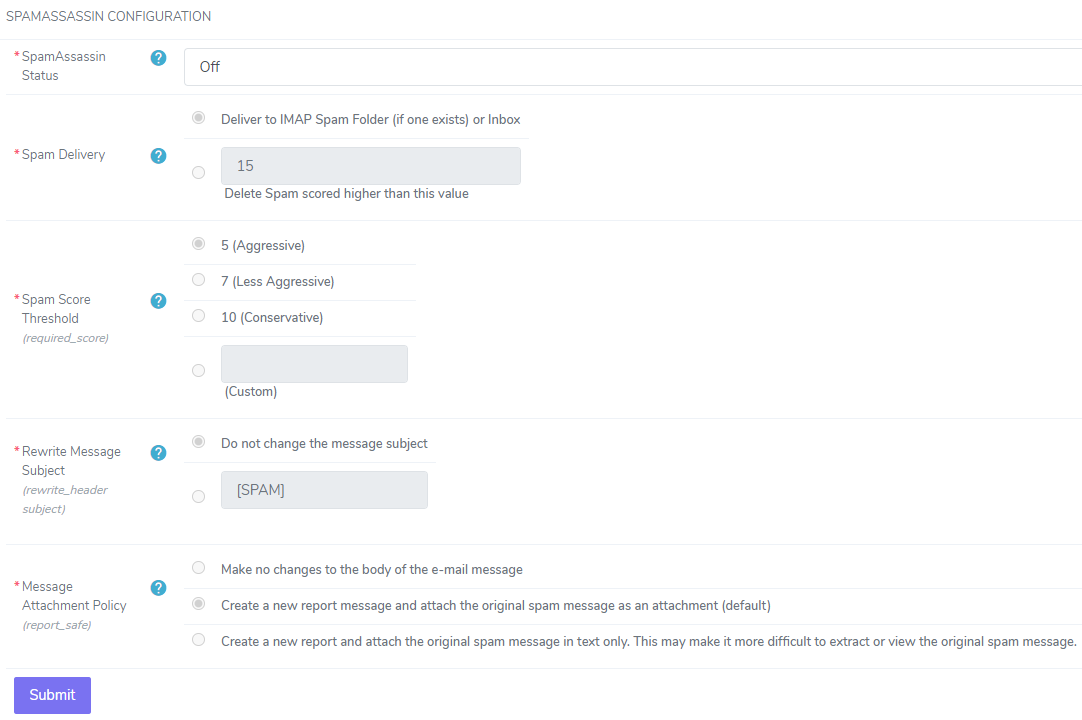 siteworx spamassassin settings