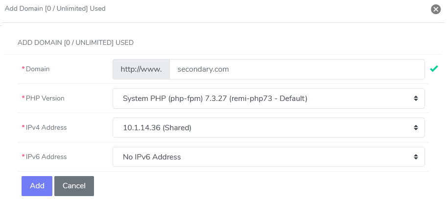 siteworx add secondary domain form