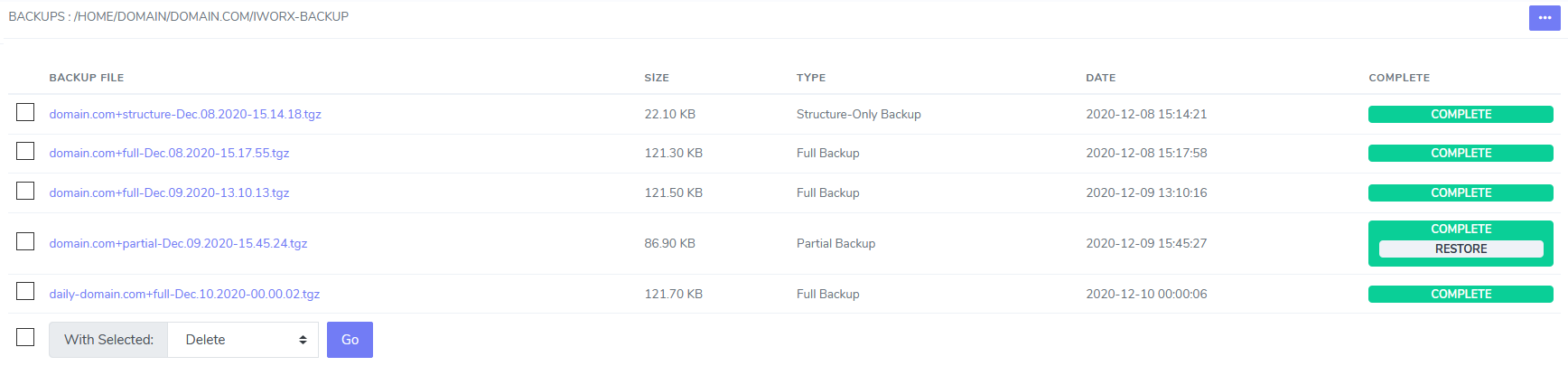 siteworx backup manage