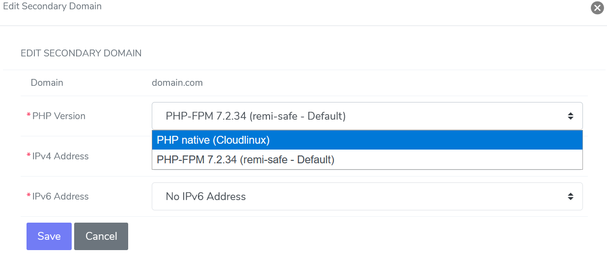 siteworx cloud linux change php version form