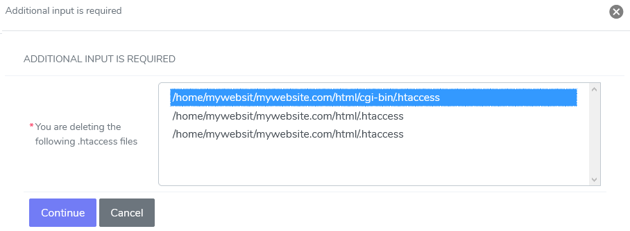 siteworx domain specific htaccess delete form