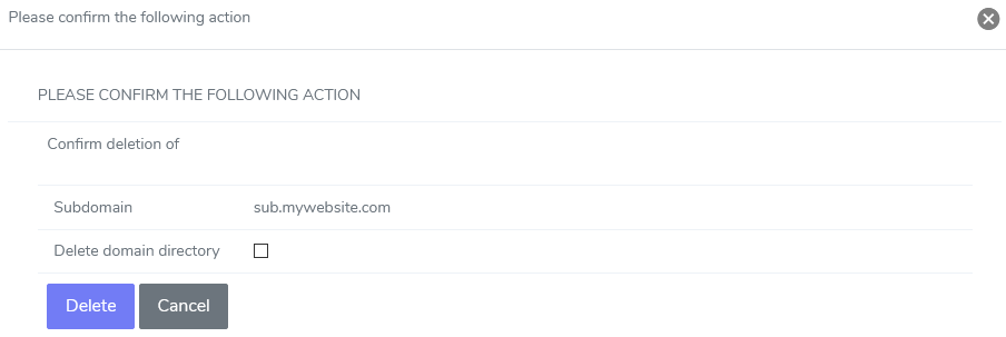 siteworx subdomain delete form