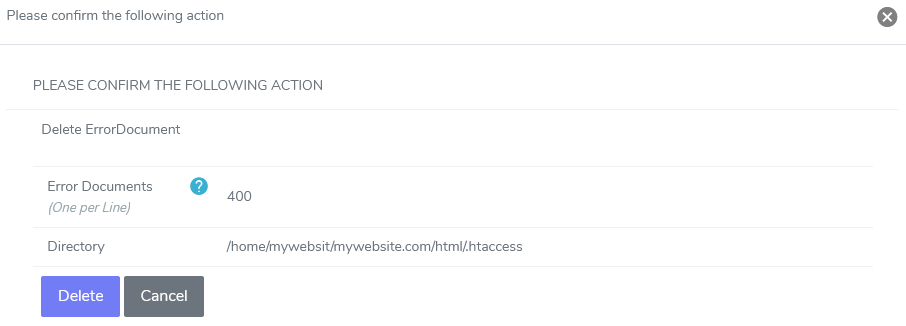siteworx htaccess delete error document form