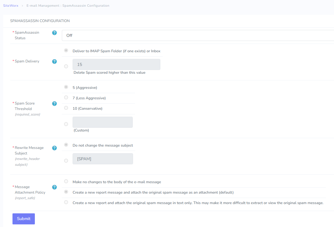 spam settings page