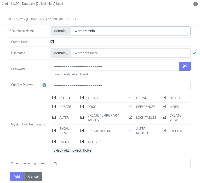 create wordpress database