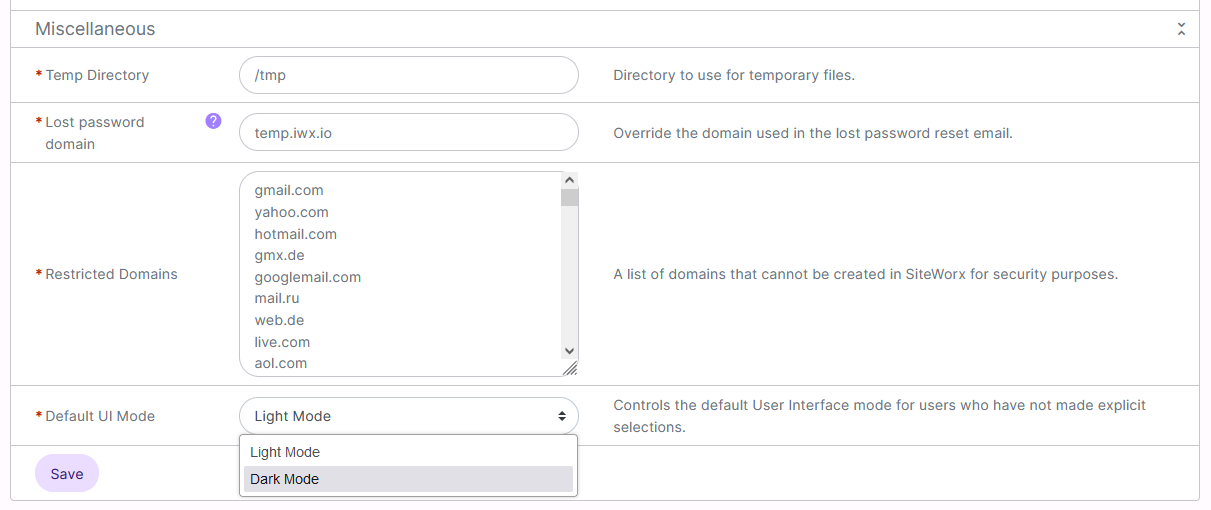dark mode settings dropdown