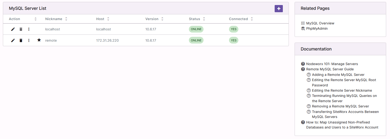 manage mysql servers page