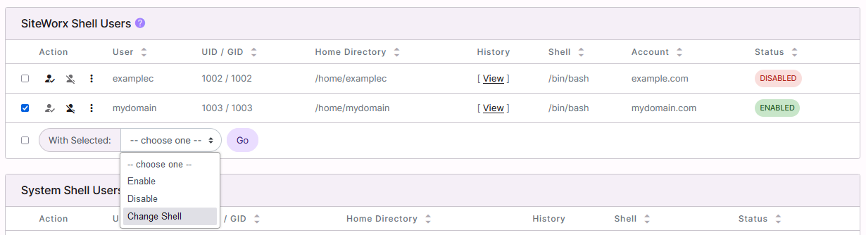 change shell dropdown