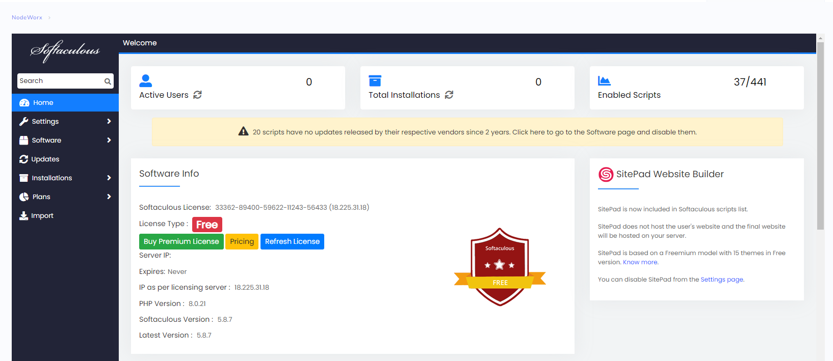 nodeworx softaculous portal