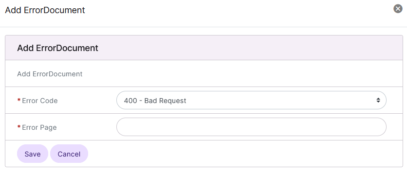 siteworx htaccess add error document form