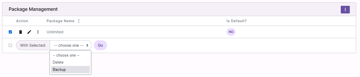 siteworx package backup dropdown