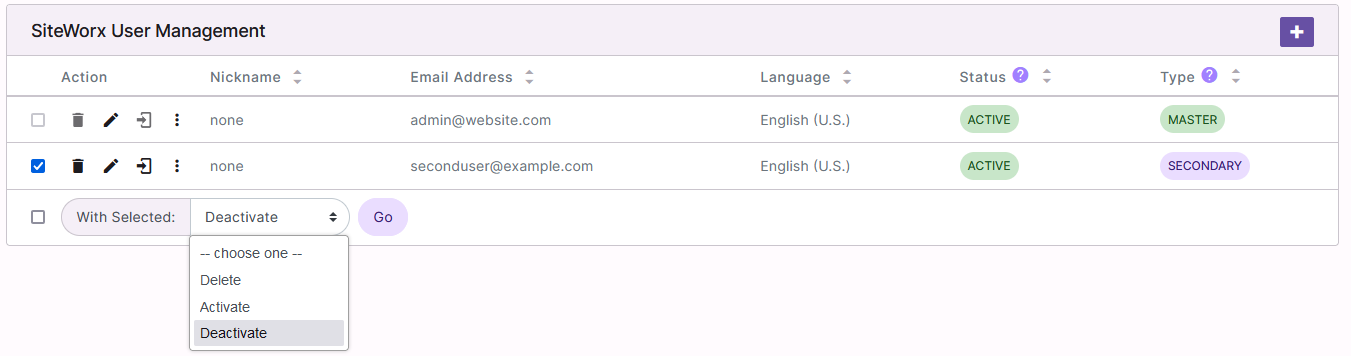 siteworx user deactivate dropdown