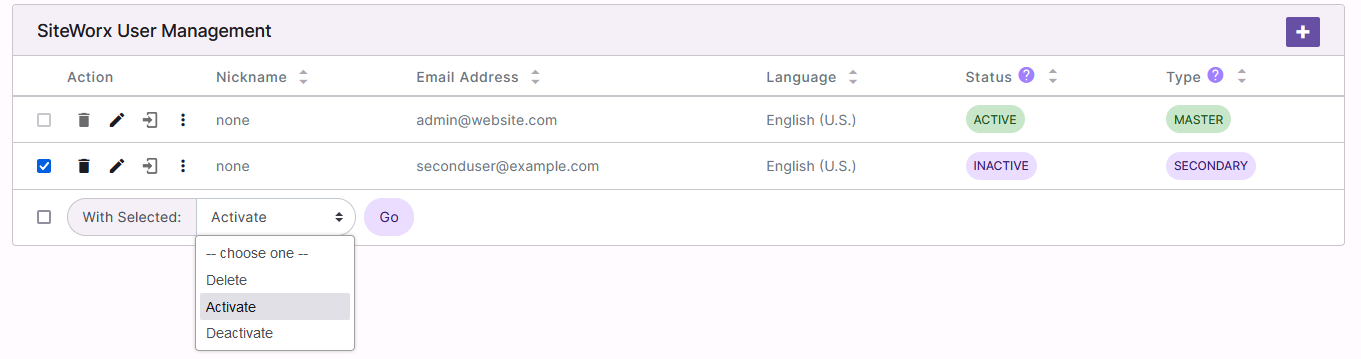 siteworx user activate dropdown